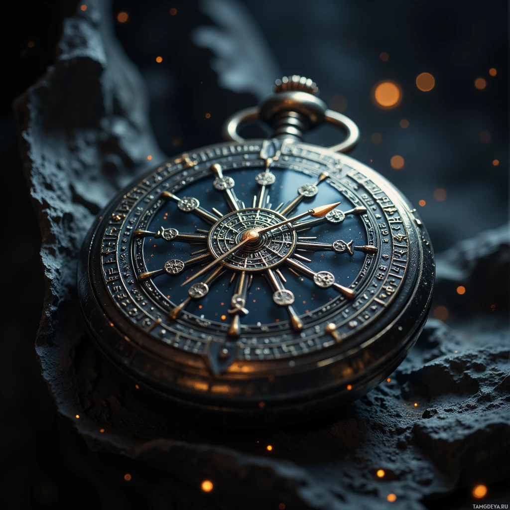 A detailed pocket watch with intricate designs and symbols rests on a textured surface against a dark background with glowing particles.
