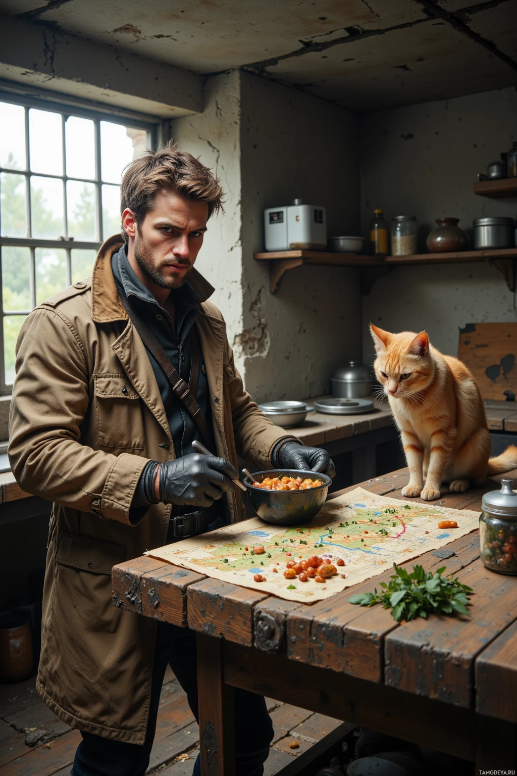 A man in a trench coat and gloves stands at a rustic table with a map, preparing food while an orange cat watches attentively.