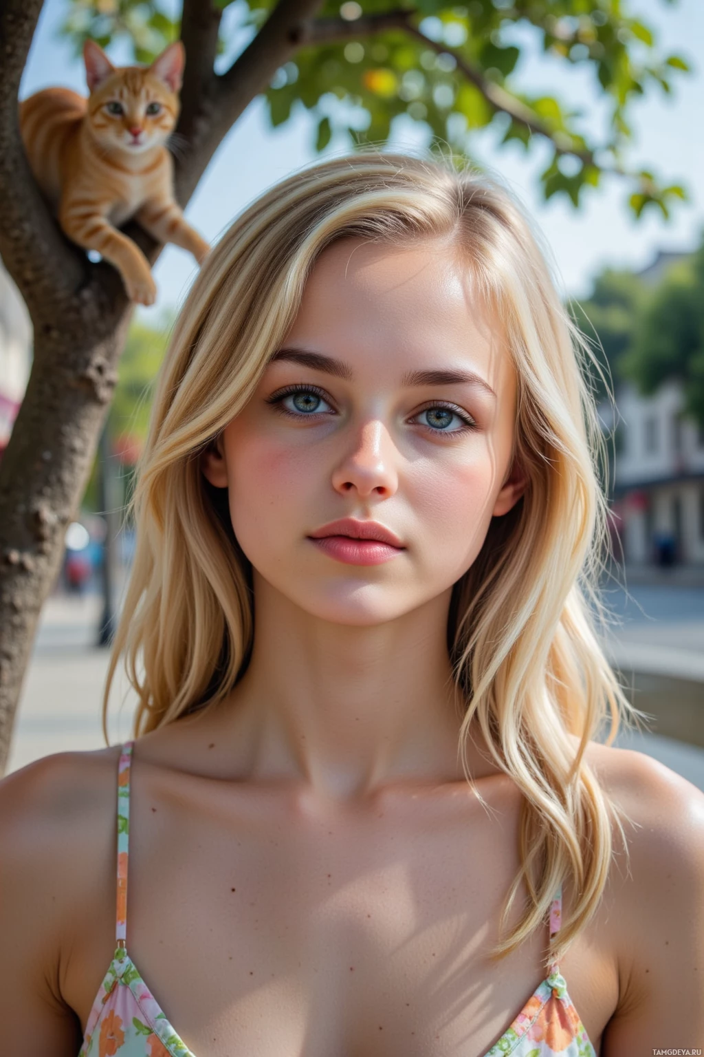 Realistic high quality photo. A 26‑year‑old woman with soft blonde hair and gentle blue eyes, serene and approachable, wearing a light pastel sundress, standing in a shallow puddle after rain beside a tree with a cat perched on a branch, looking thoughtful and calm in a modern city street at late afternoon.