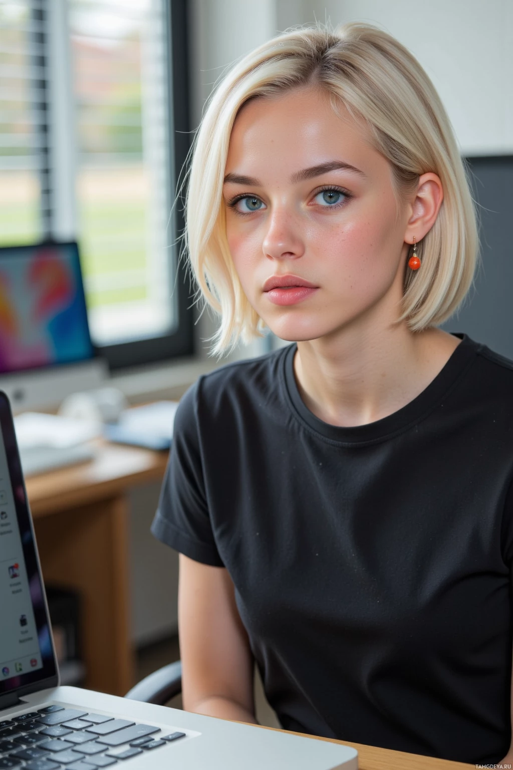 A person with blonde hair and red earrings sits at a desk in front of a laptop.