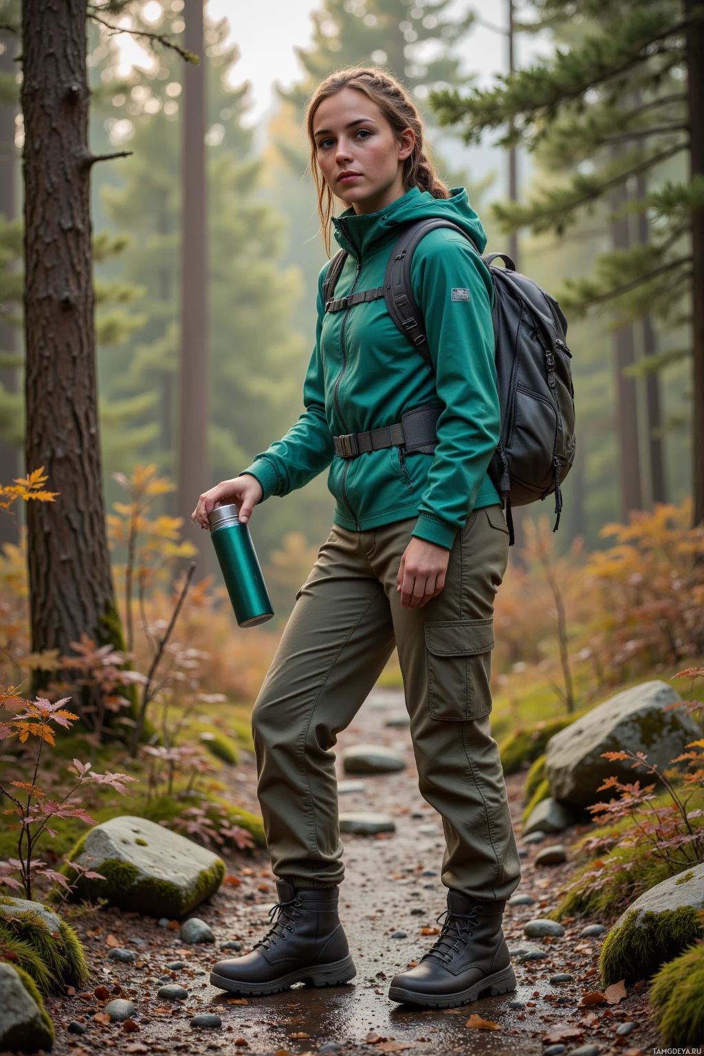 Realistic high quality photo. Female, 27, fair skin, brown eyes, braided black hair, wearing green outdoor gear and hiking boots, holding a refillable water bottle, standing on a damp pine forest trail at late afternoon, pointing to a group of hikers discarding a disposable cup and urging them to use a reusable cup, surrounded by mossy rocks and wet leaves.