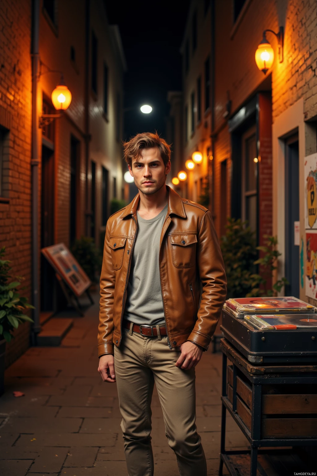 A man stands in a dimly lit alleyway at night, wearing a brown leather jacket and beige pants.