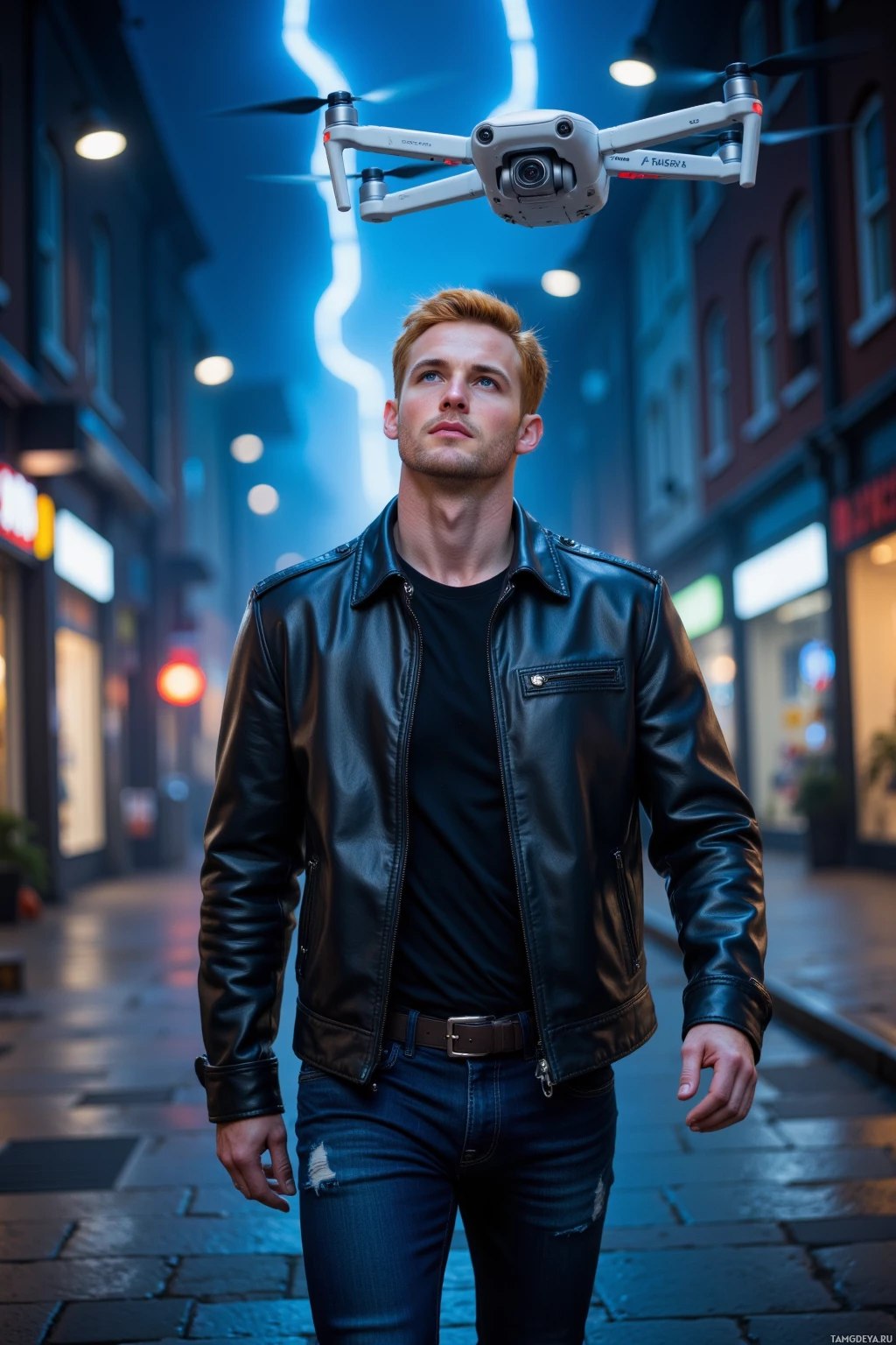 A person wearing a leather jacket and jeans stands on a street at night with a drone hovering above.
