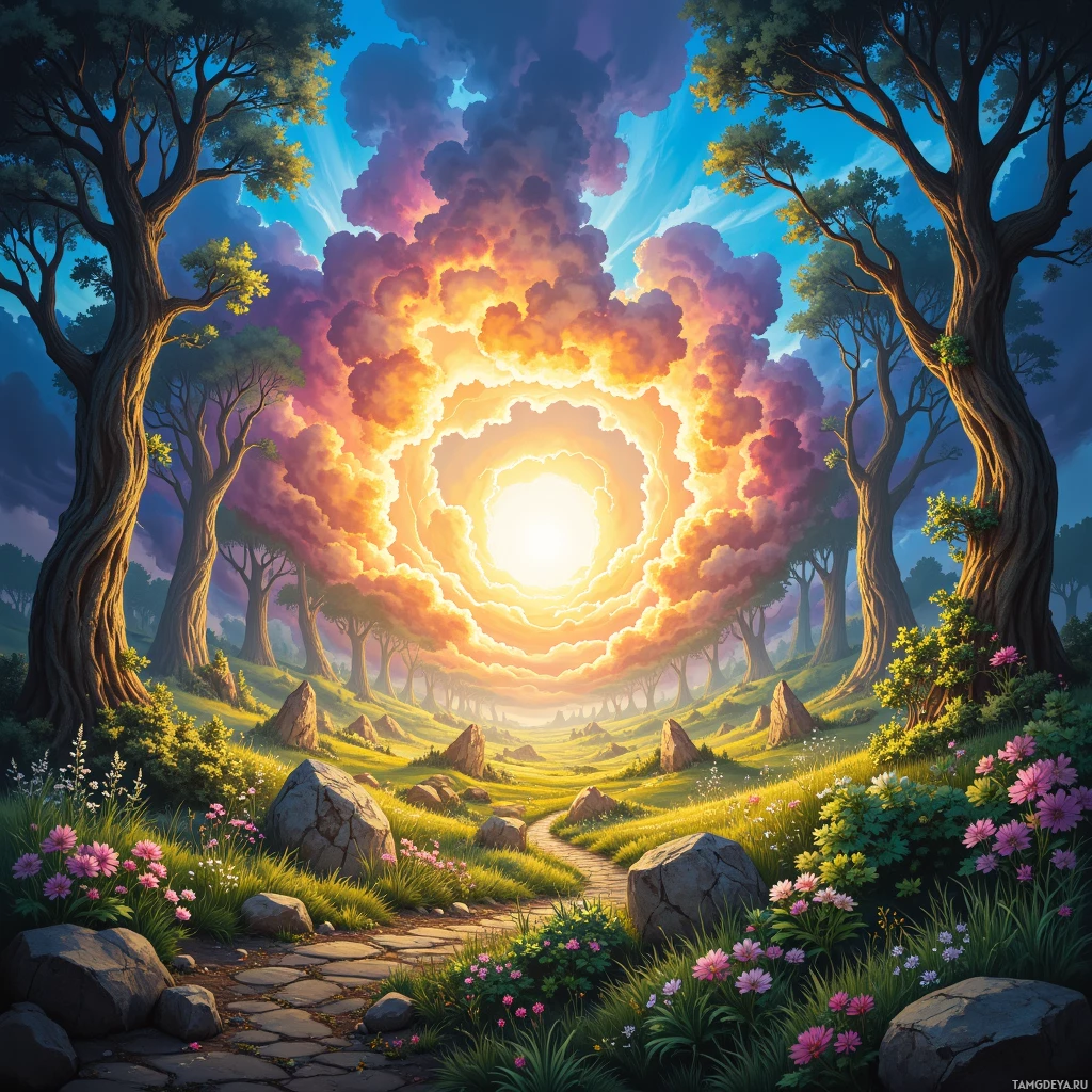 A serene forest scene with vibrant colors, a path winding through the trees, and a dramatic sky with a glowing sun.