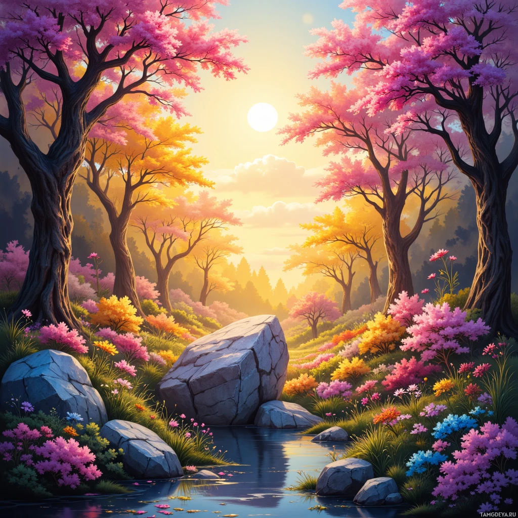 A vibrant landscape with blooming trees and colorful flowers by a serene stream.