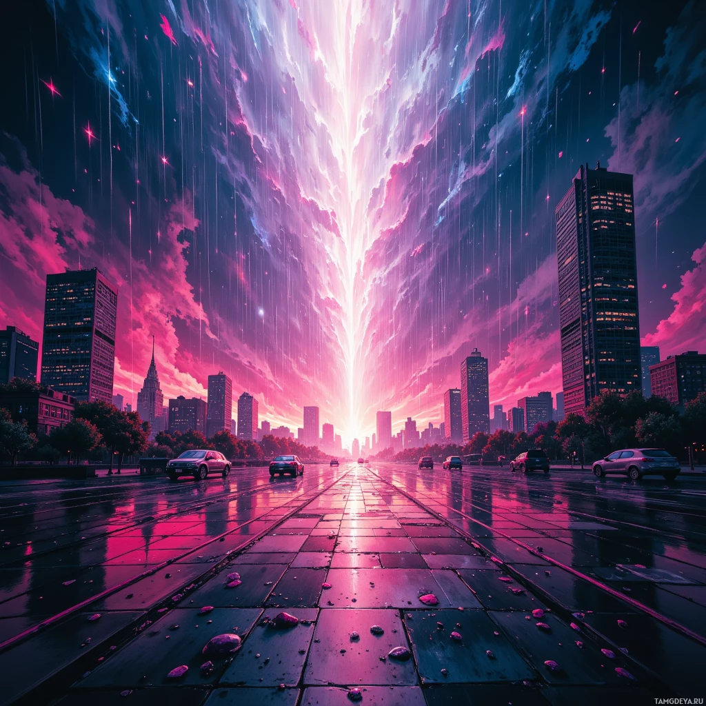 A vibrant cityscape with rain falling and glowing light beams converging towards the horizon.