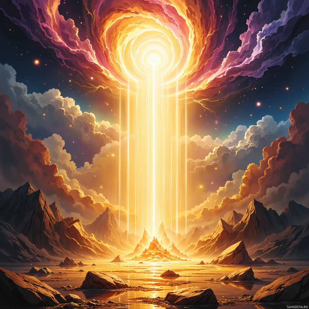 A vibrant cosmic scene with a radiant light beam descending from a swirling galaxy into a mountainous landscape reflected in water.