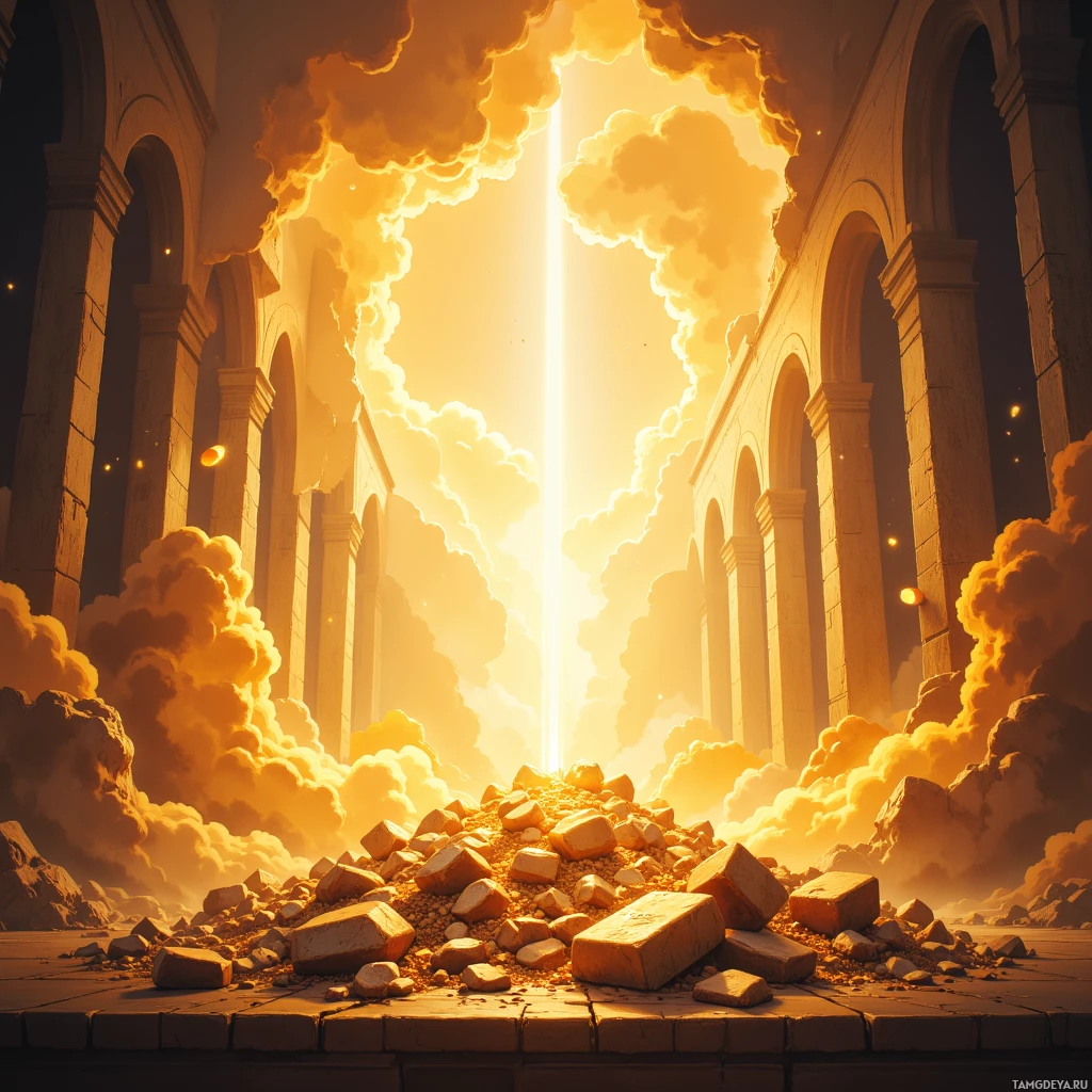 A grand, sunlit archway with a bright light shining through, surrounded by clouds and debris.