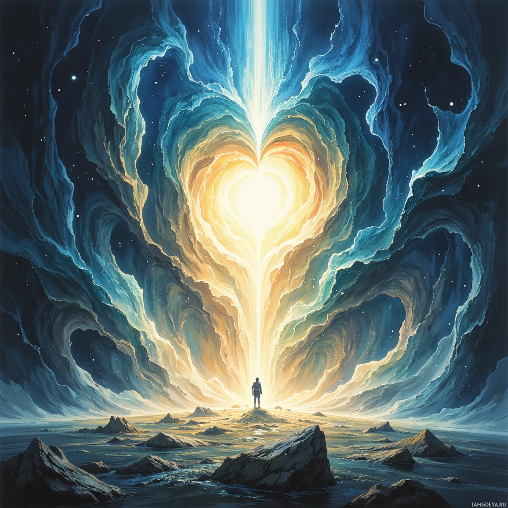 A person stands on a rocky landscape beneath a glowing heart-shaped portal in the sky.