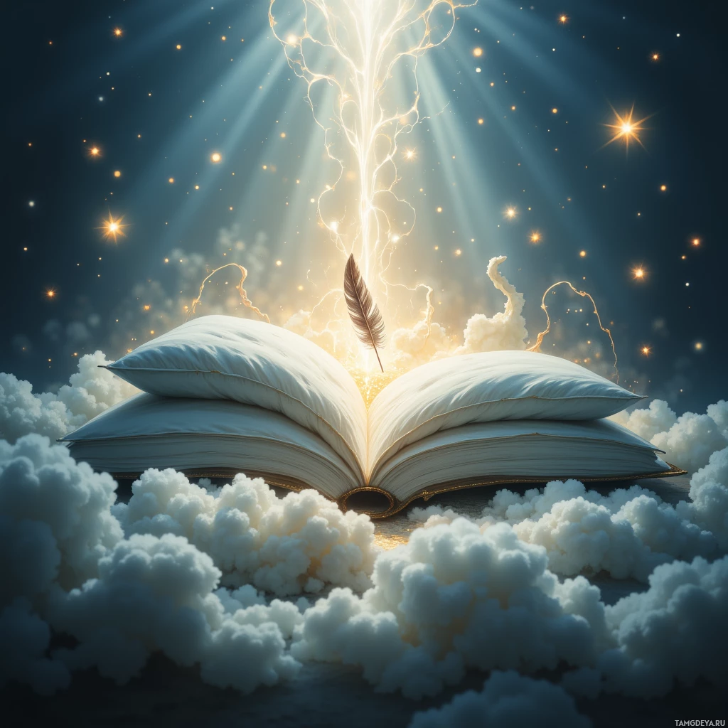 An open book with a feather rests on a bed of clouds, emitting a radiant light.