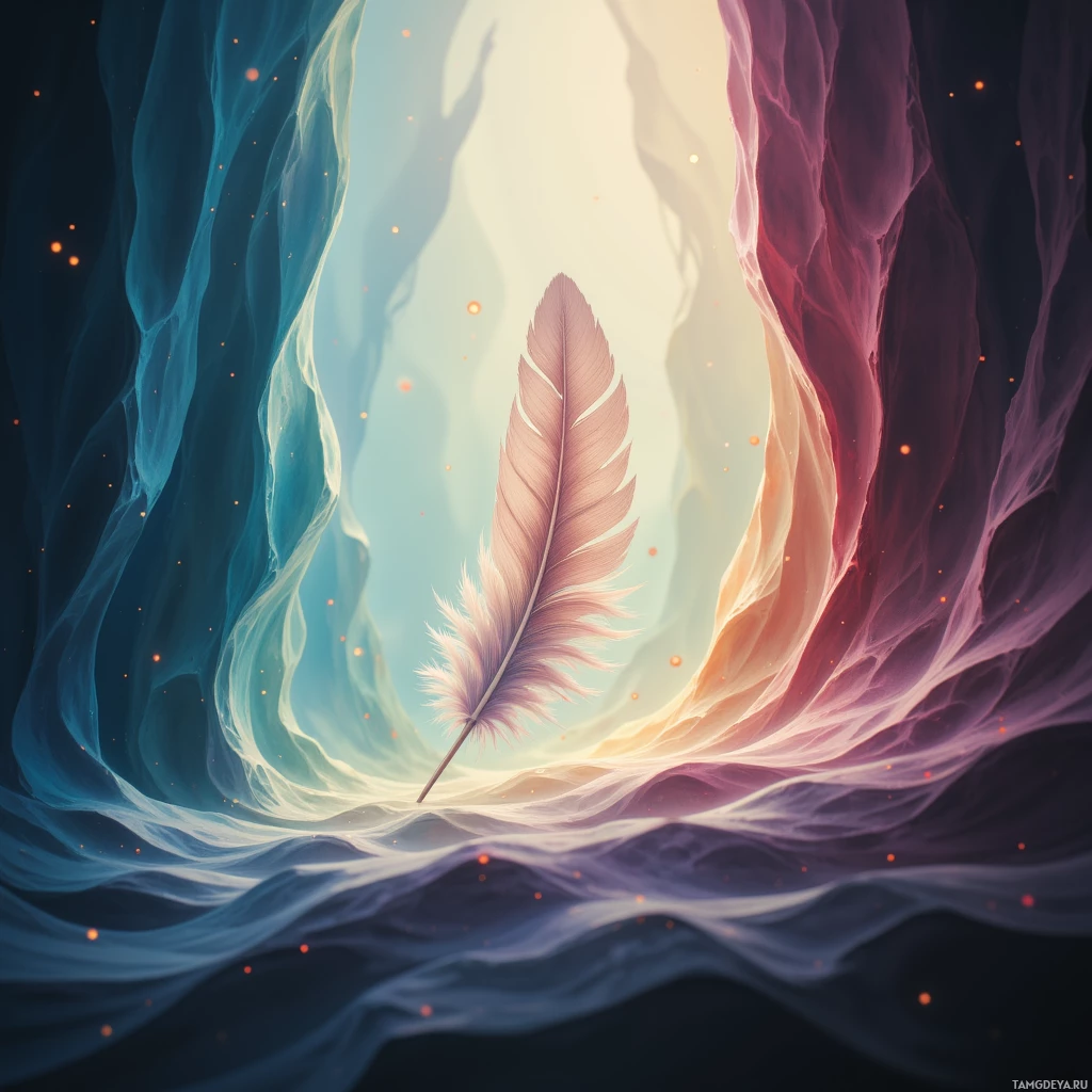 A feather floats in a glowing, ethereal cave with flowing, colorful walls.