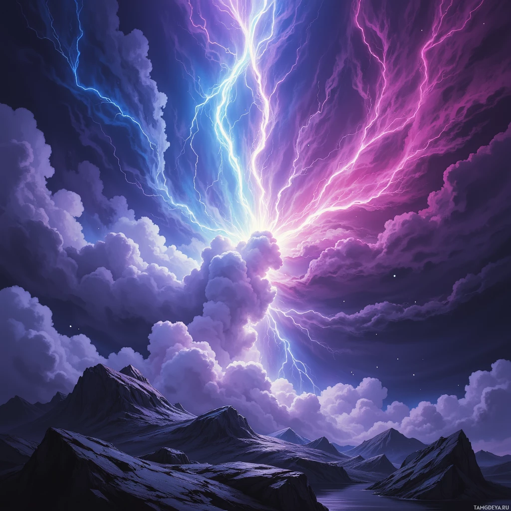 A vibrant sky with streaks of lightning and clouds over a mountainous landscape.