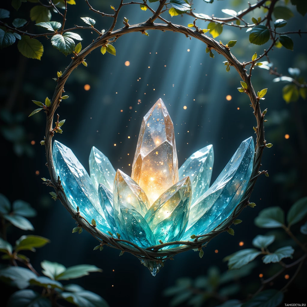 A glowing crystal nestled within a leafy branch, surrounded by soft light and floating particles.