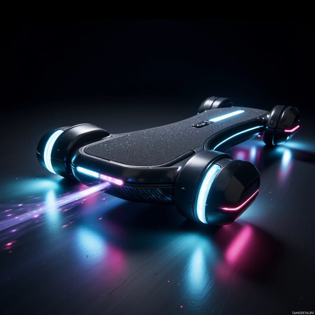 A futuristic hoverboard with glowing lights on a reflective surface.