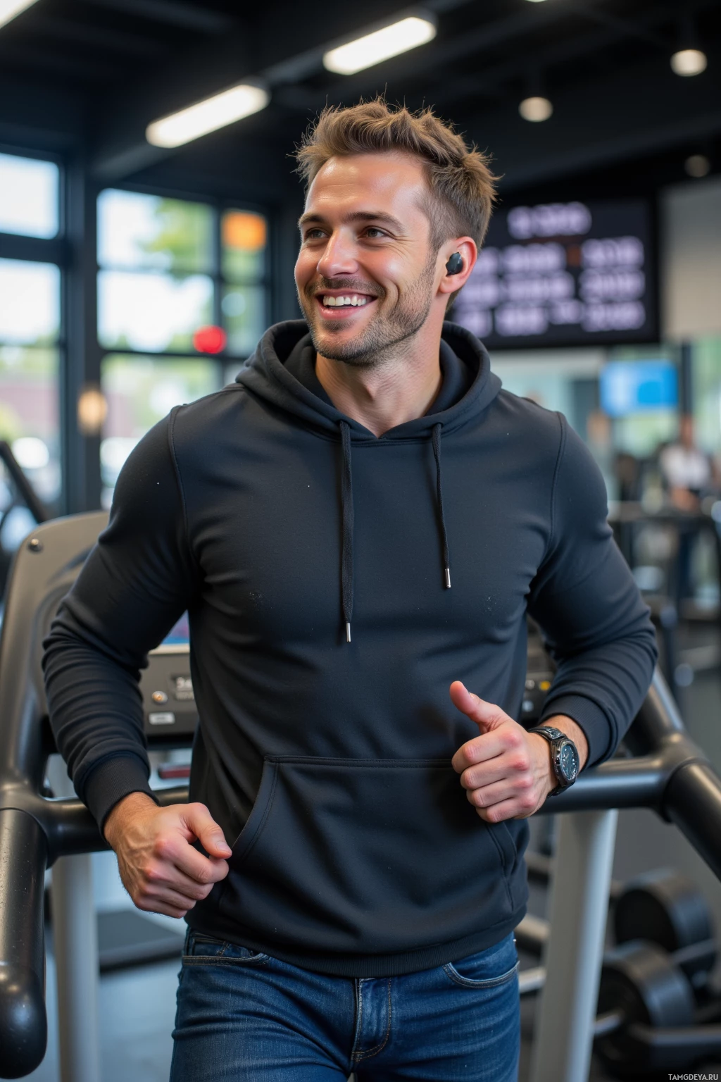 A man in a gym wearing a hoodie and jeans gives a thumbs-up.