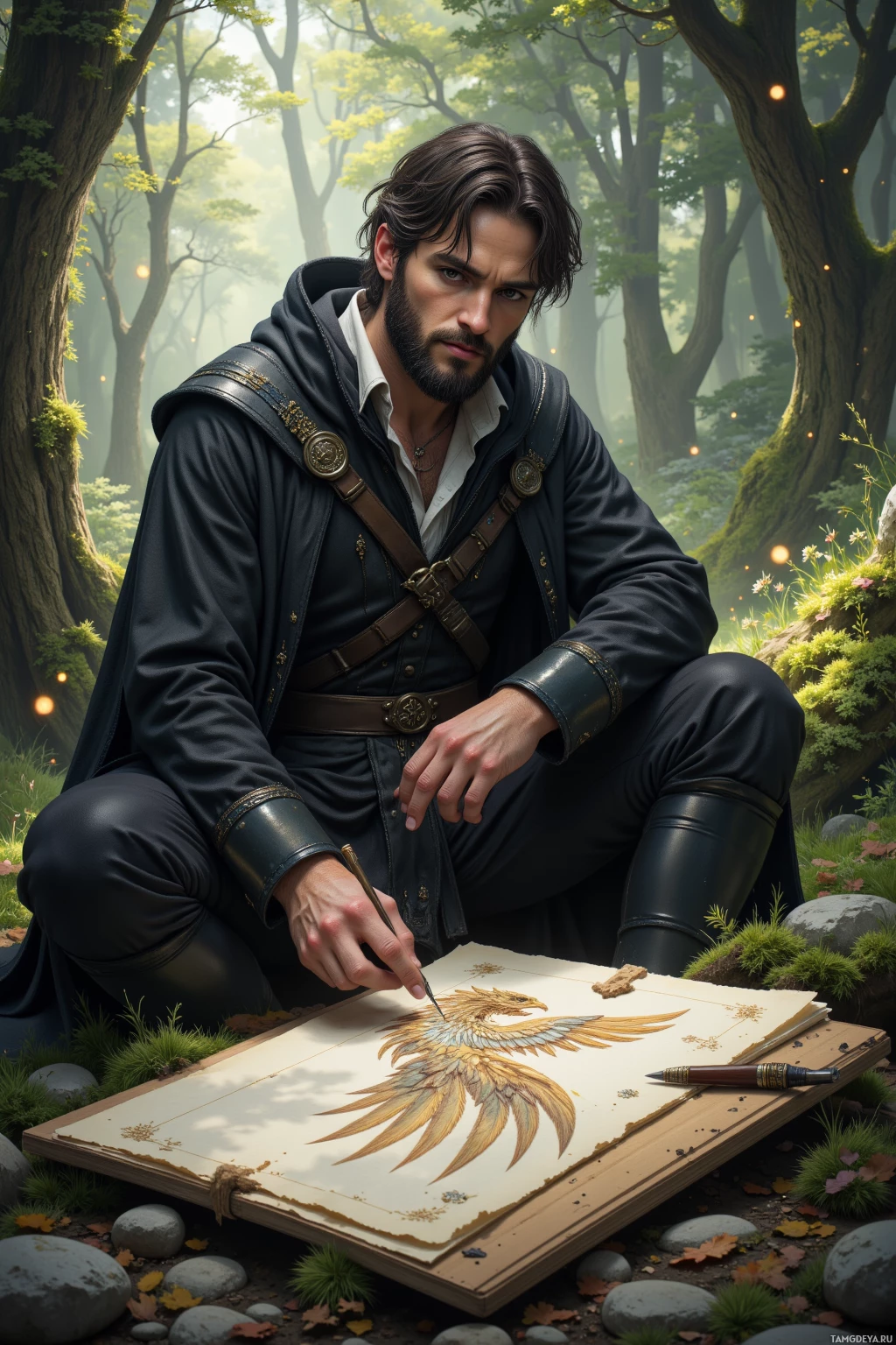 A person in medieval attire is drawing an eagle on parchment in a forest setting.