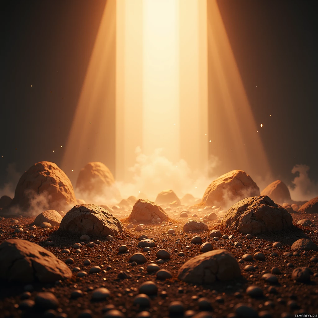 A rocky landscape bathed in golden light with beams of sunlight piercing through the darkness.