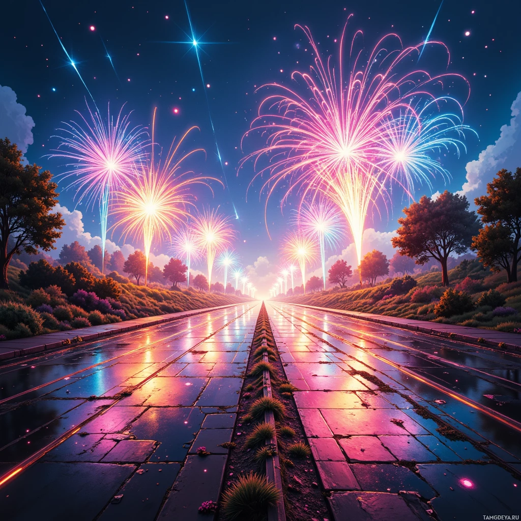 A vibrant scene of fireworks illuminating a wet, reflective pathway lined with trees and bushes.