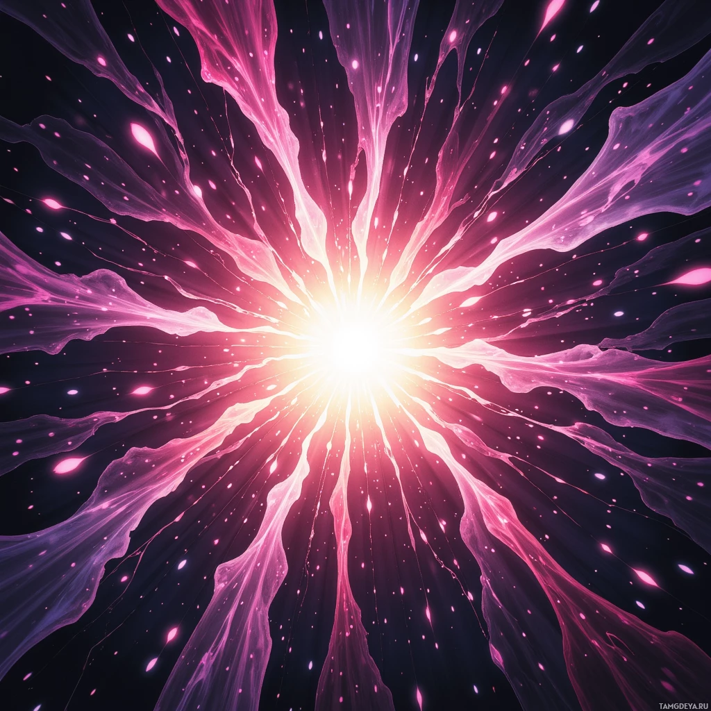 A vibrant cosmic explosion with pink and purple hues and radiating light streaks.