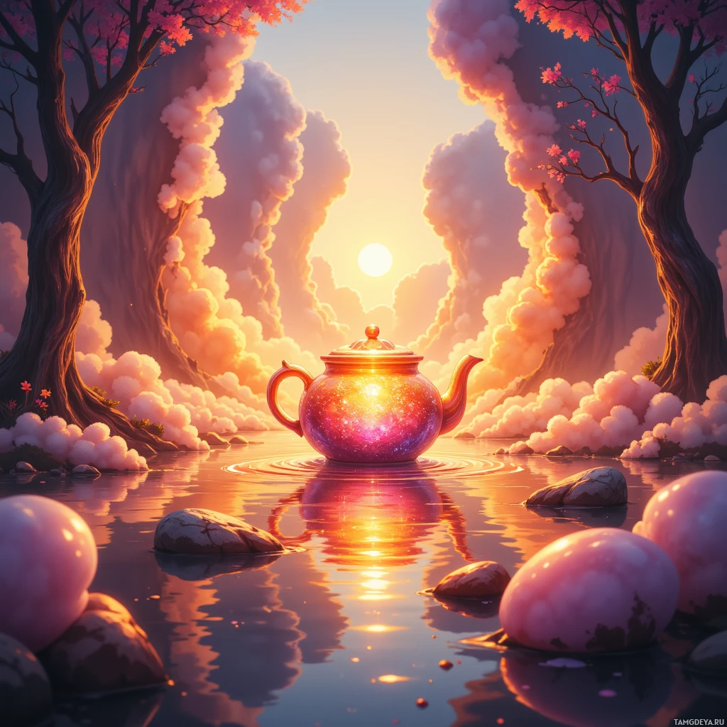 A serene scene featuring a glowing teapot on a reflective surface, surrounded by trees and fluffy clouds at sunset.