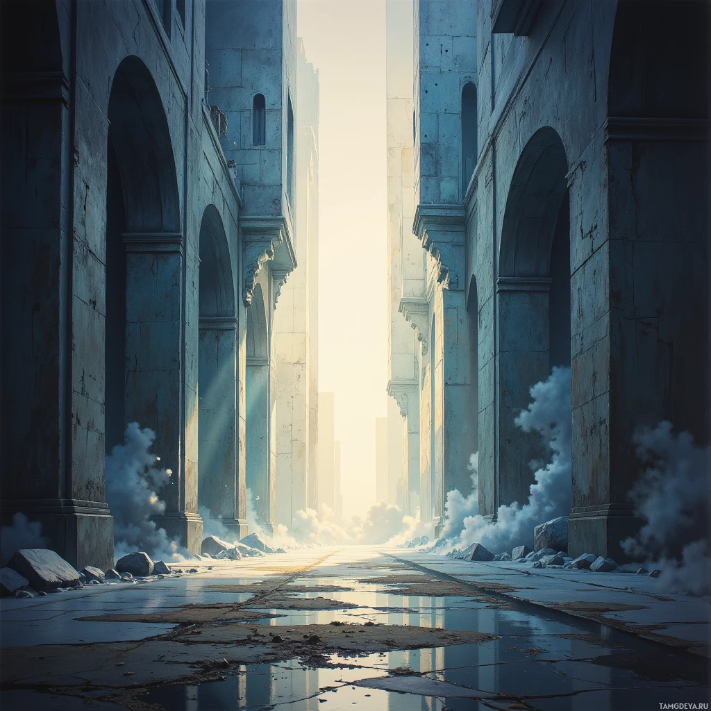 A desolate urban scene with dilapidated buildings, smoke, and puddles reflecting the light.