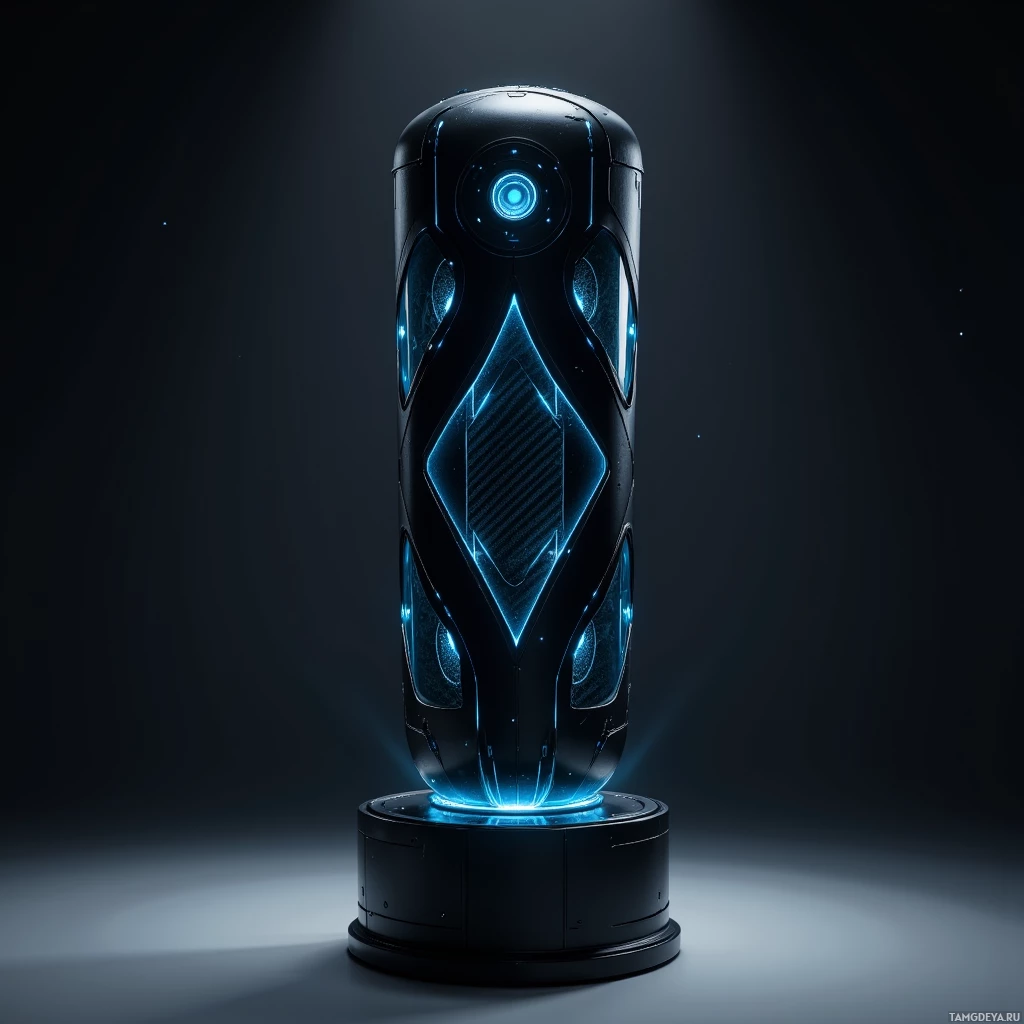 A futuristic, cylindrical object with glowing blue accents and a dark, sleek design.