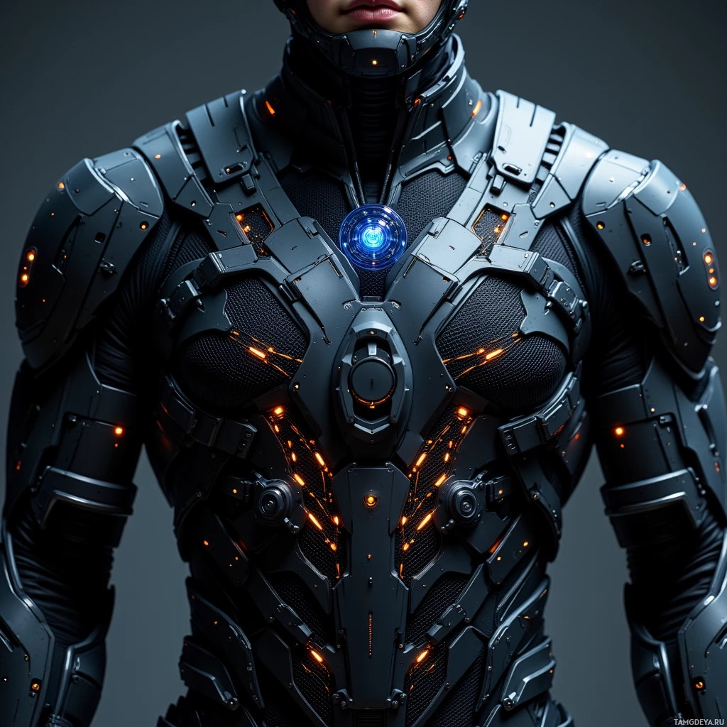Semi-abstract image with many light, that is suitable for the post:  Matte black carbon‑fiber tactical harness with streamlined silhouette, translucent micro‑sensor filaments woven throughout the fabric, a discreet iridescent biometric lock on the chest panel, and a compact glowing AI core module visible within.
