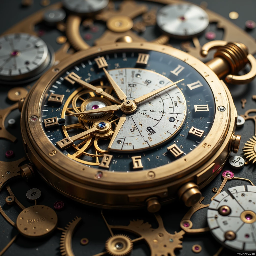 Semi-abstract image with many light, that is suitable for the post:  Brass‑cased hand‑wound wristwatch with a dial split into twelve sectors each containing a tiny flip‑flop, a crown for toggling, a second hand tracing output, and a back panel revealing silver‑printed micro‑code snippets on vellum amid visible gears and intricate mechanical puzzle details.