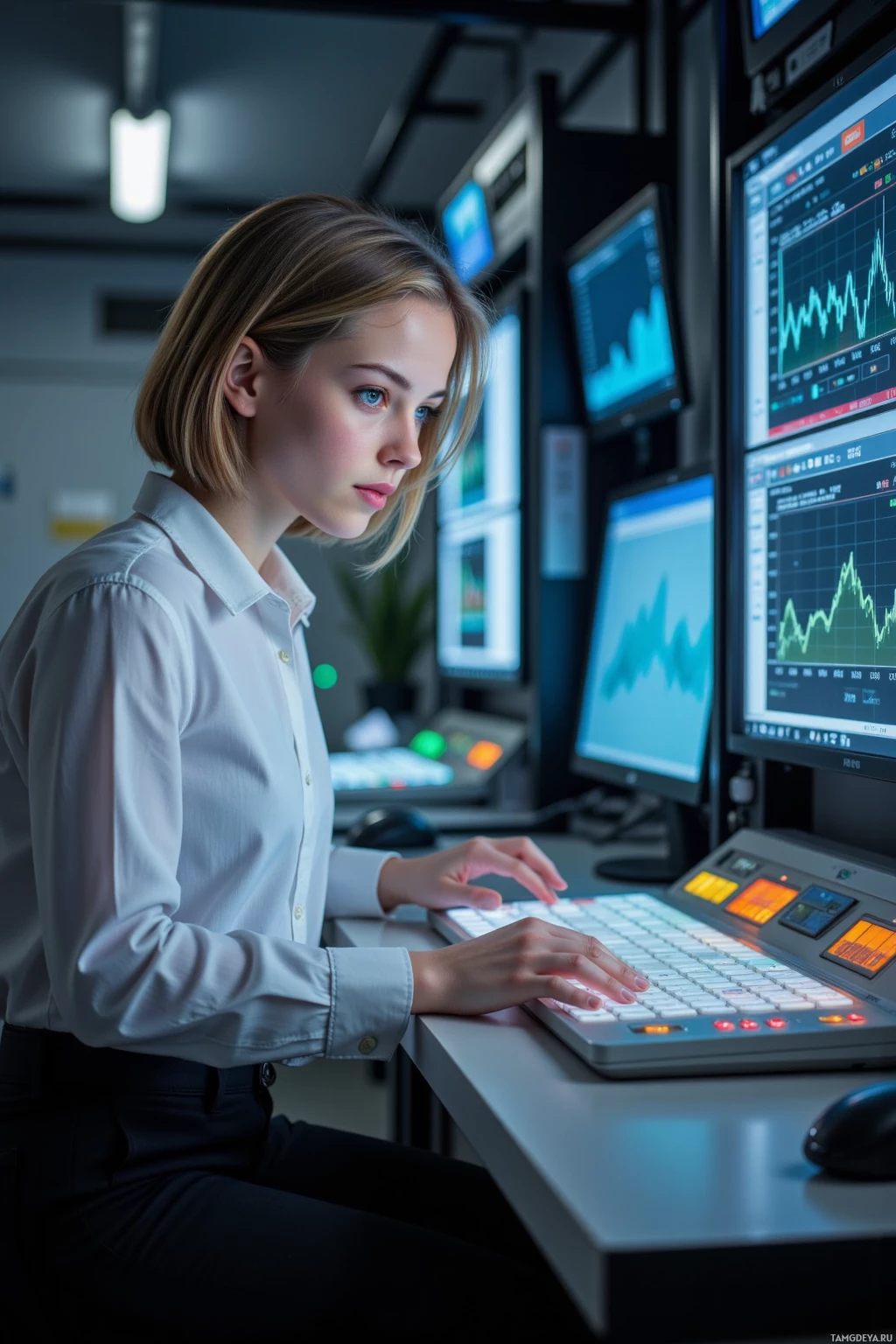 A person is working at a desk with multiple computer monitors displaying graphs and data in an office setting.