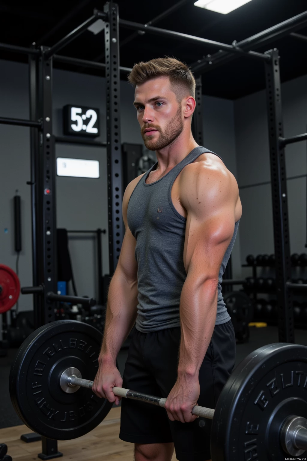 A muscular individual is lifting weights in a gym setting.
