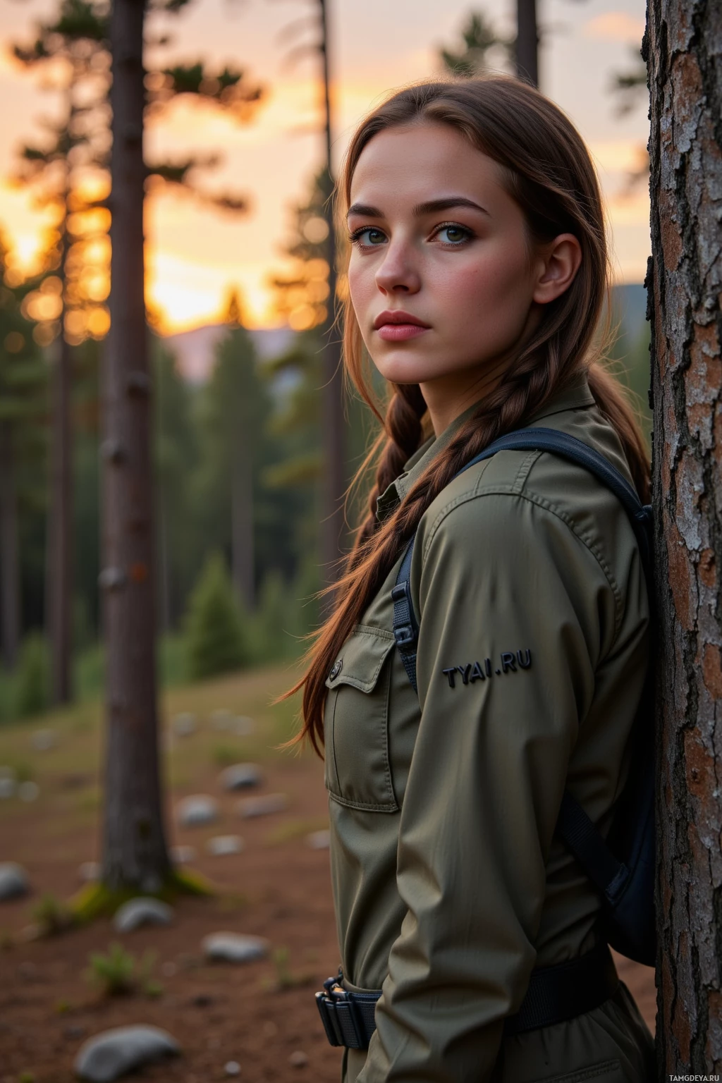 A person in an olive green jacket leans against a tree in a forest at sunset.