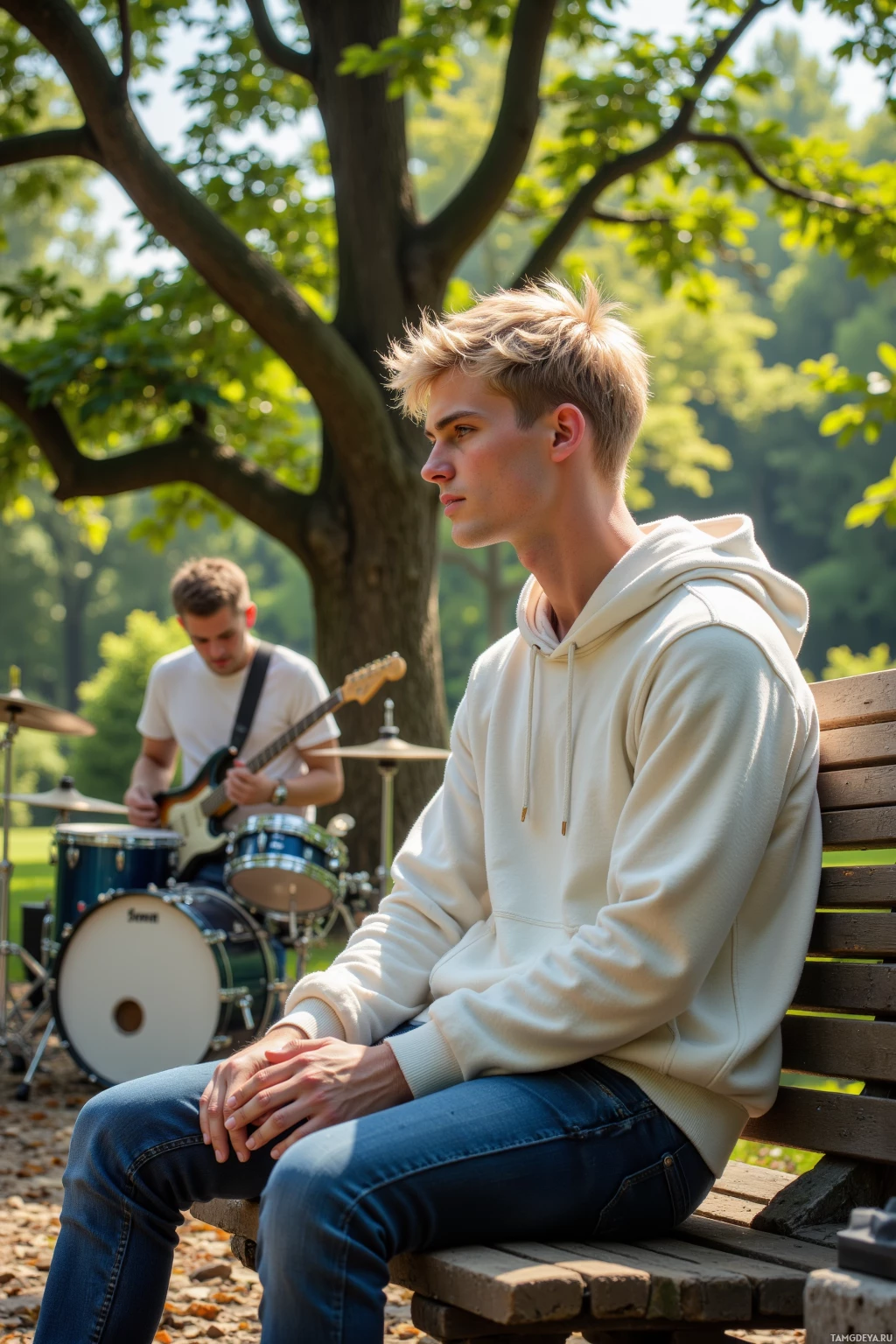 A person in a white hoodie sits on a bench in a park, with another person playing guitar in the background.