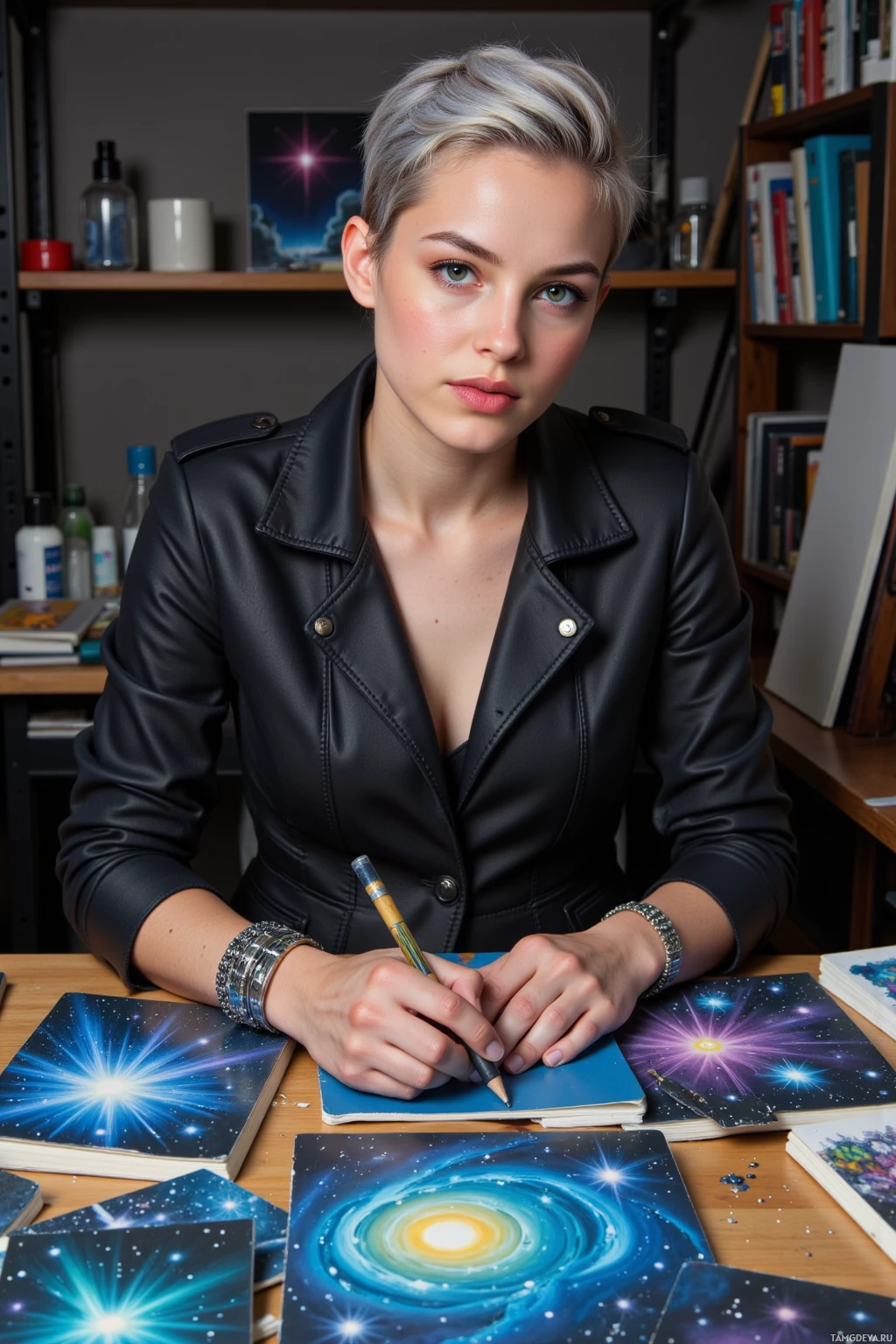A person wearing a black leather jacket is sitting at a desk with a pencil, surrounded by colorful cosmic-themed artwork.