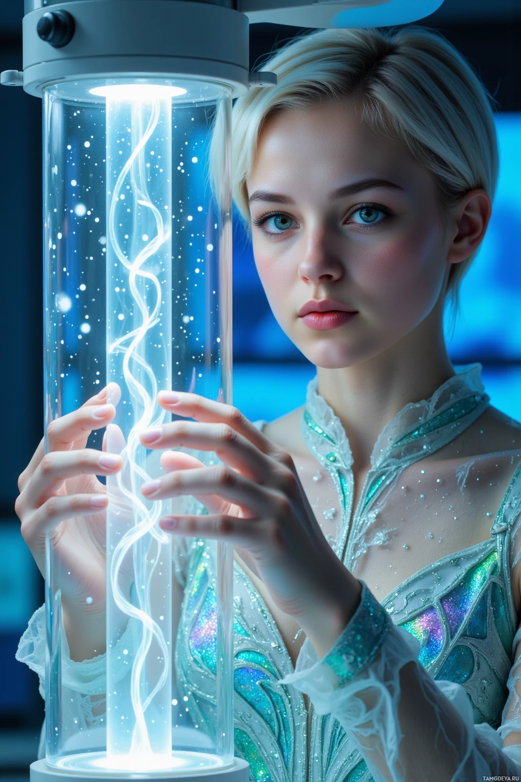 A person in a shimmering, ethereal outfit holds a glowing, cylindrical device with intricate patterns.