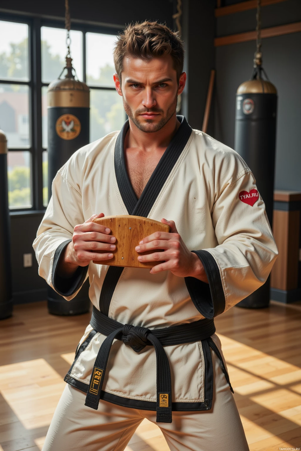 A man in a karate uniform holds a wooden board in a gym setting.