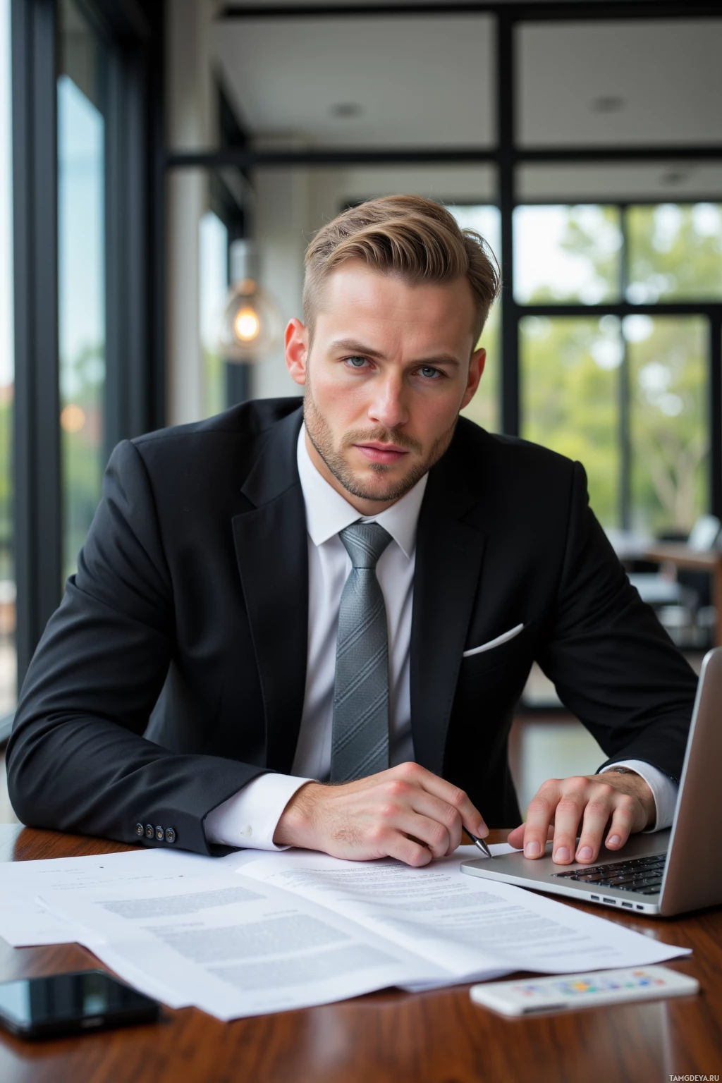A man in formal attire sits at a desk with documents and a laptop, appearing focused.