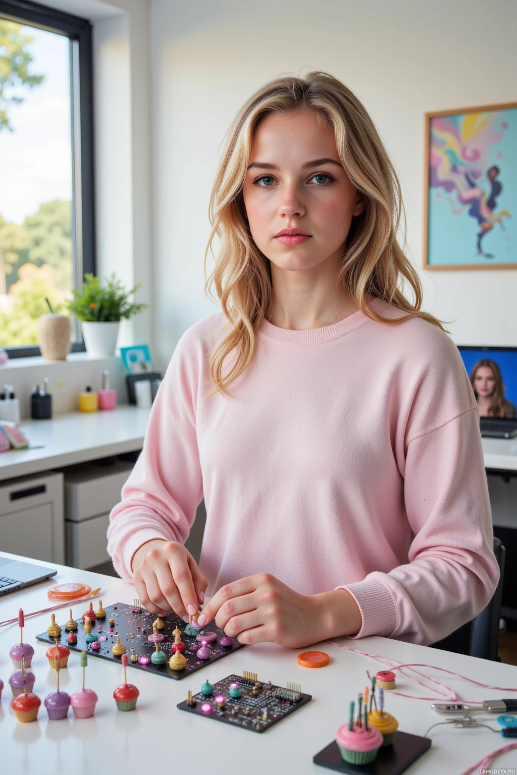 A person in a pink sweater is working on a project involving small electronic components and colorful objects on a table.