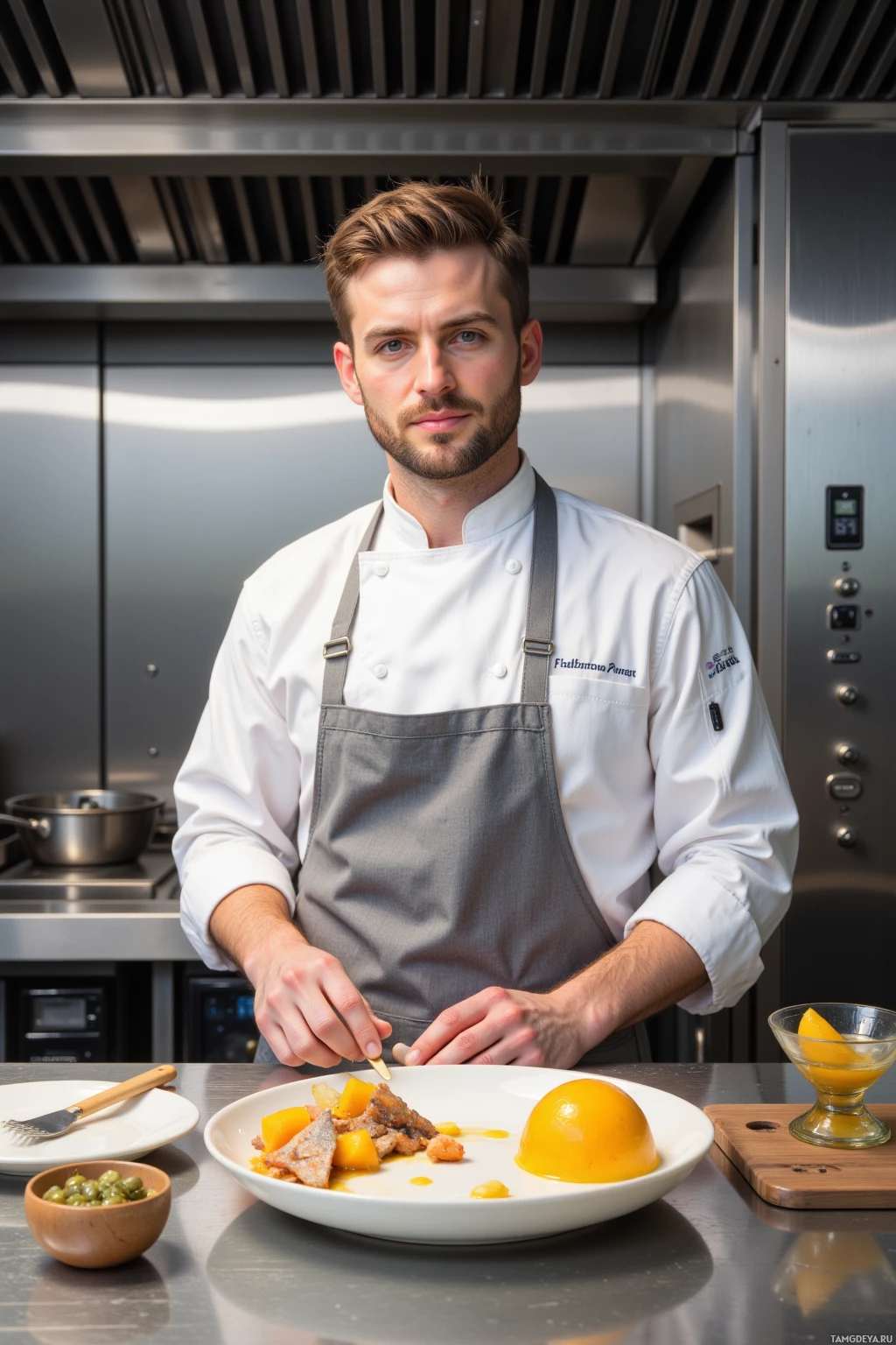 A chef in a professional kitchen is plating a dish with precision and care.