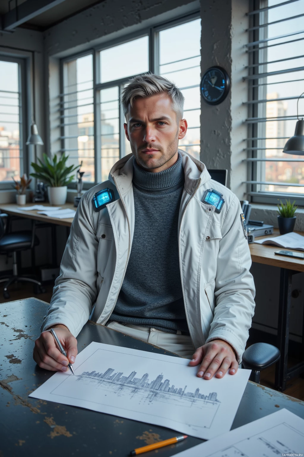 A man in a light jacket and turtleneck sits at a desk, holding a pen and looking at a cityscape drawing.