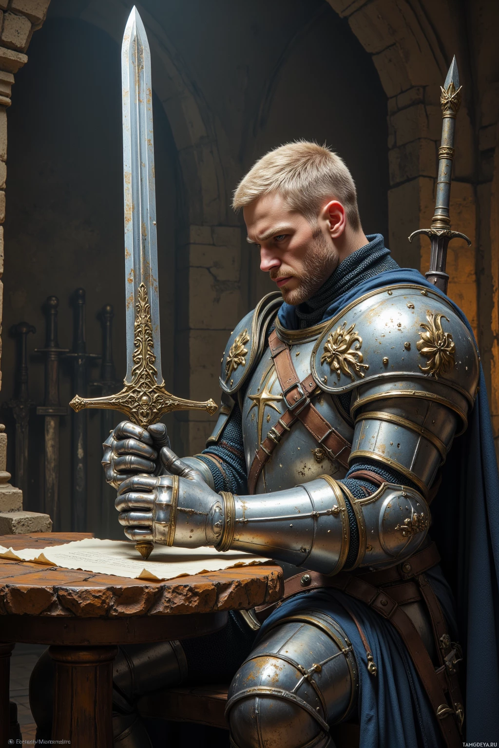 A knight in armor holds a sword while seated at a table.