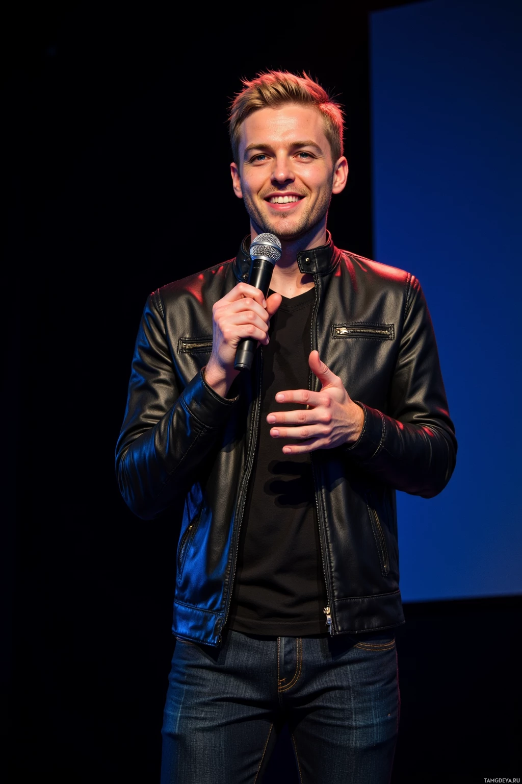 A person in a leather jacket and jeans is holding a microphone and gesturing with their other hand.