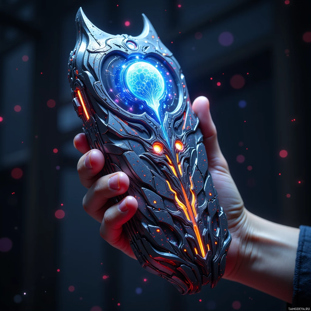 A hand holds a futuristic, glowing device with intricate designs and glowing elements.