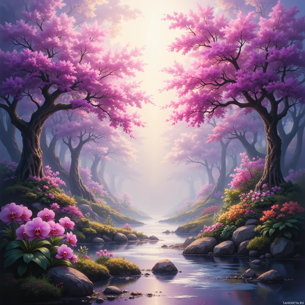 A serene landscape with blooming pink trees and flowers by a calm river.
