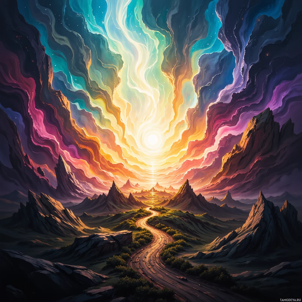 A vibrant, surreal landscape featuring a winding path through rugged mountains under a dynamic, colorful sky.