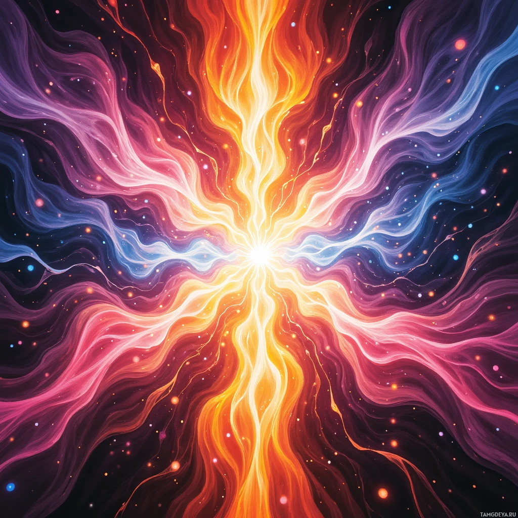 A vibrant cosmic explosion with swirling colors and glowing particles.