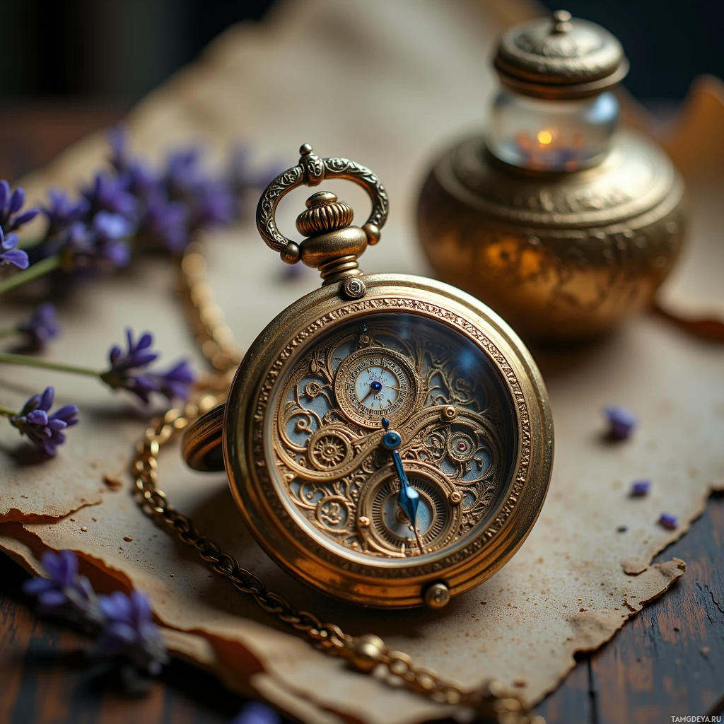 A close-up of an ornate pocket watch with intricate detailing, placed on a surface with scattered flowers and a small lamp in the background.