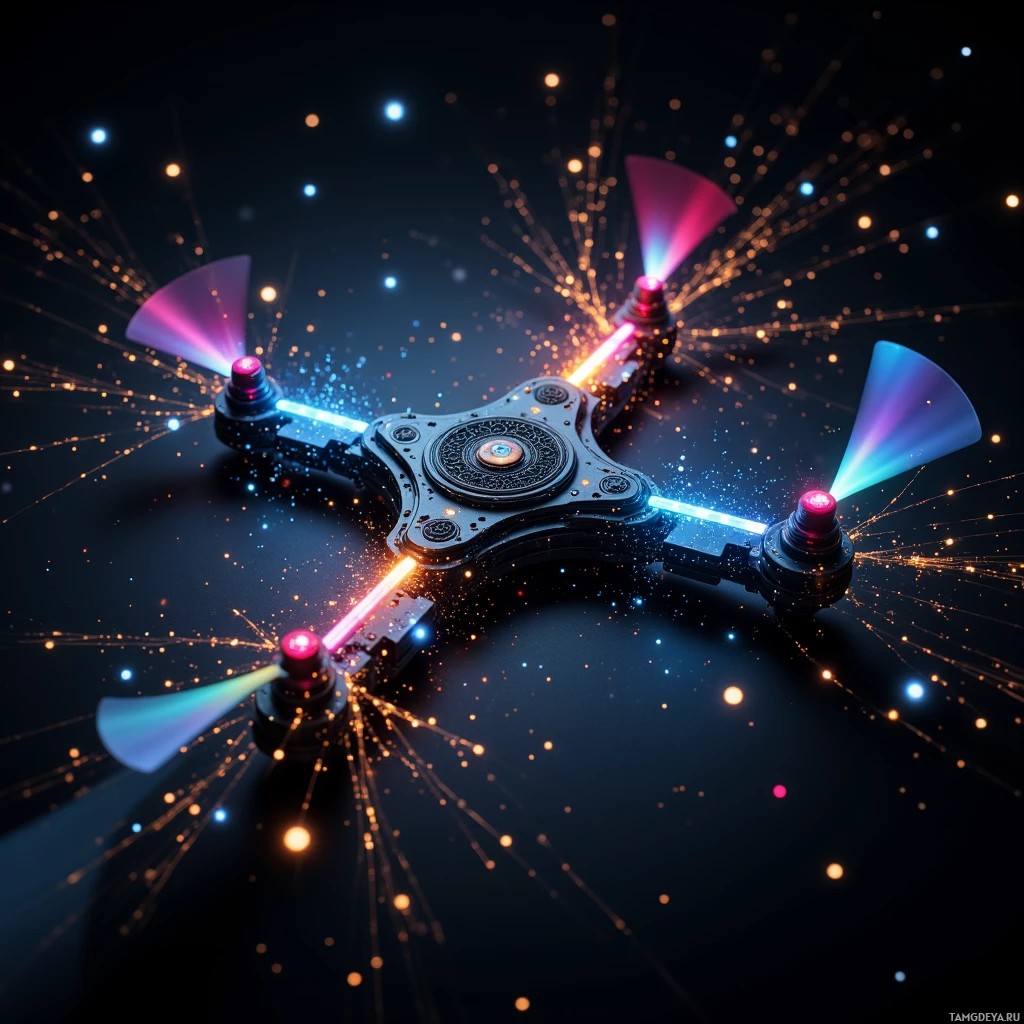 A futuristic drone with glowing propellers and colorful sparks against a dark background.