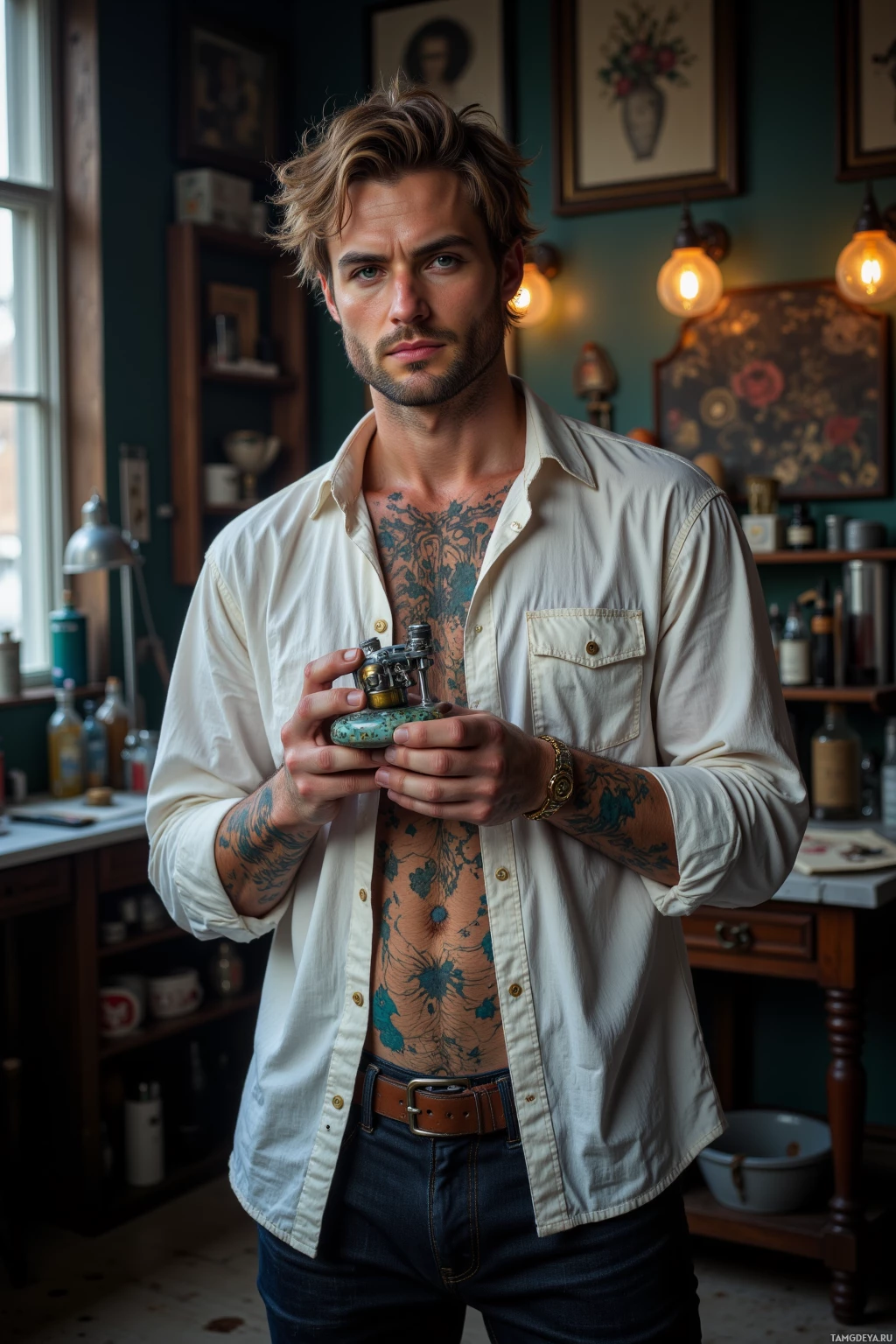 A man with tattoos stands in a room holding a small object.