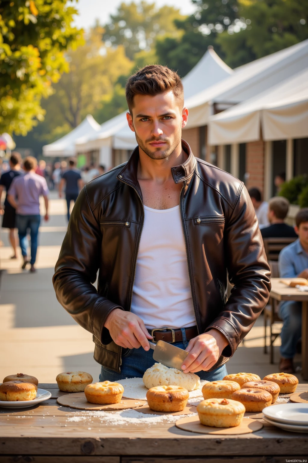 A man in a leather jacket stands at an outdoor table cutting pastries with a knife.