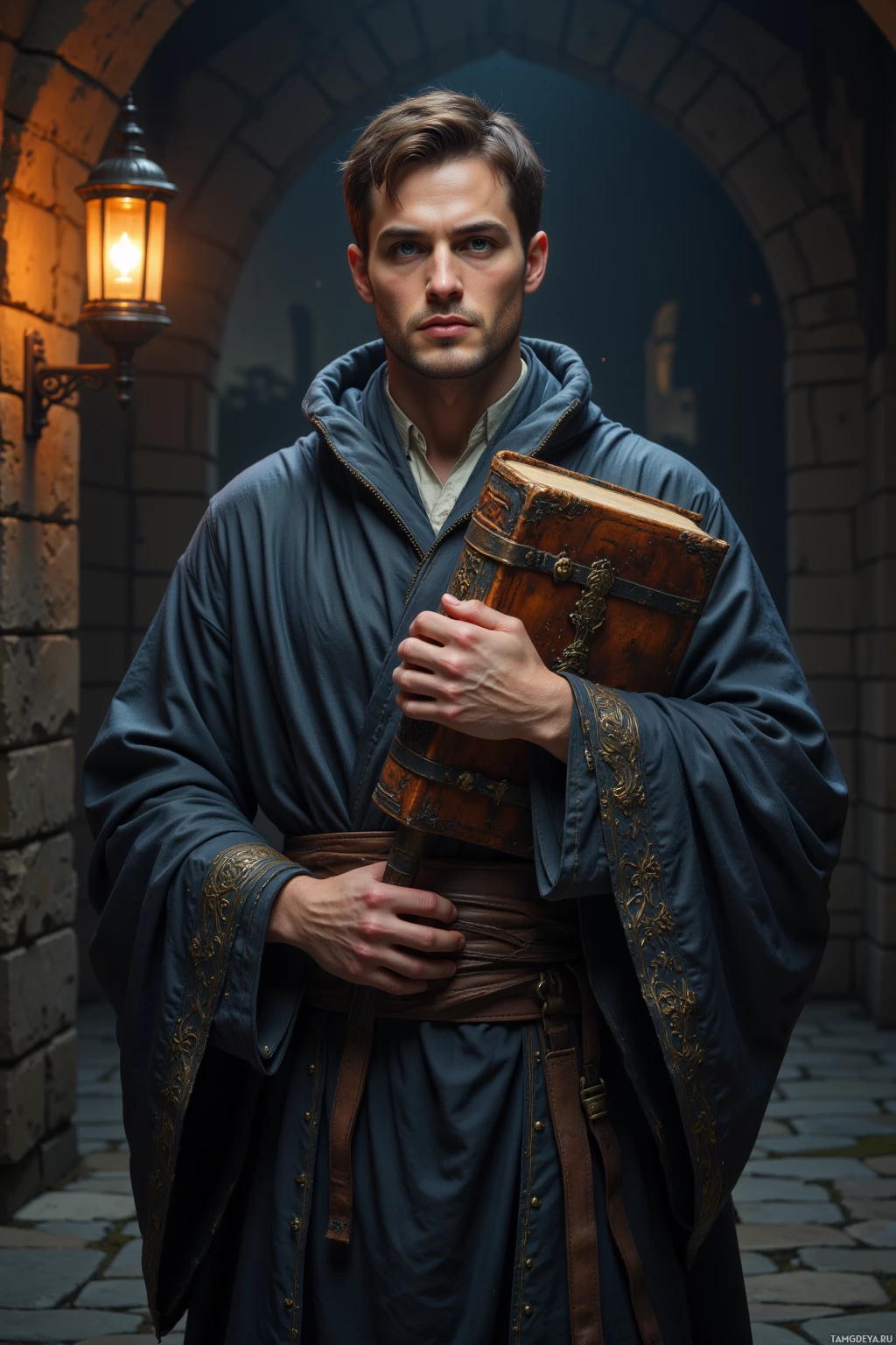 A person in medieval attire holds an ornate book and stands under a stone archway with a lit lantern beside them.